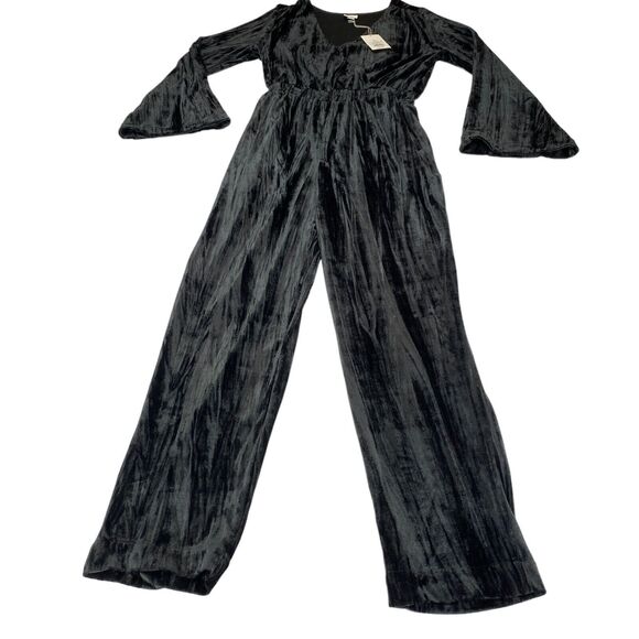 A New Day Jumpsuit Womens Small Black Velvet Empire Waist V Neck Straight Leg - Picture 1 of 16